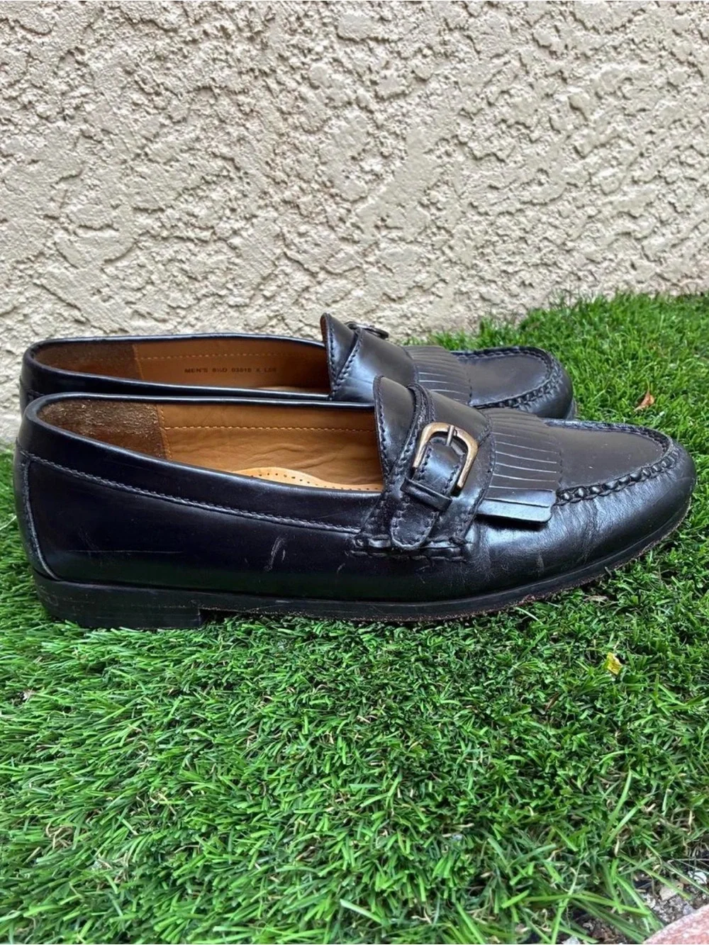 Cole Haan Black Leather Fringe Loafers with Buckle Size 8.5 M